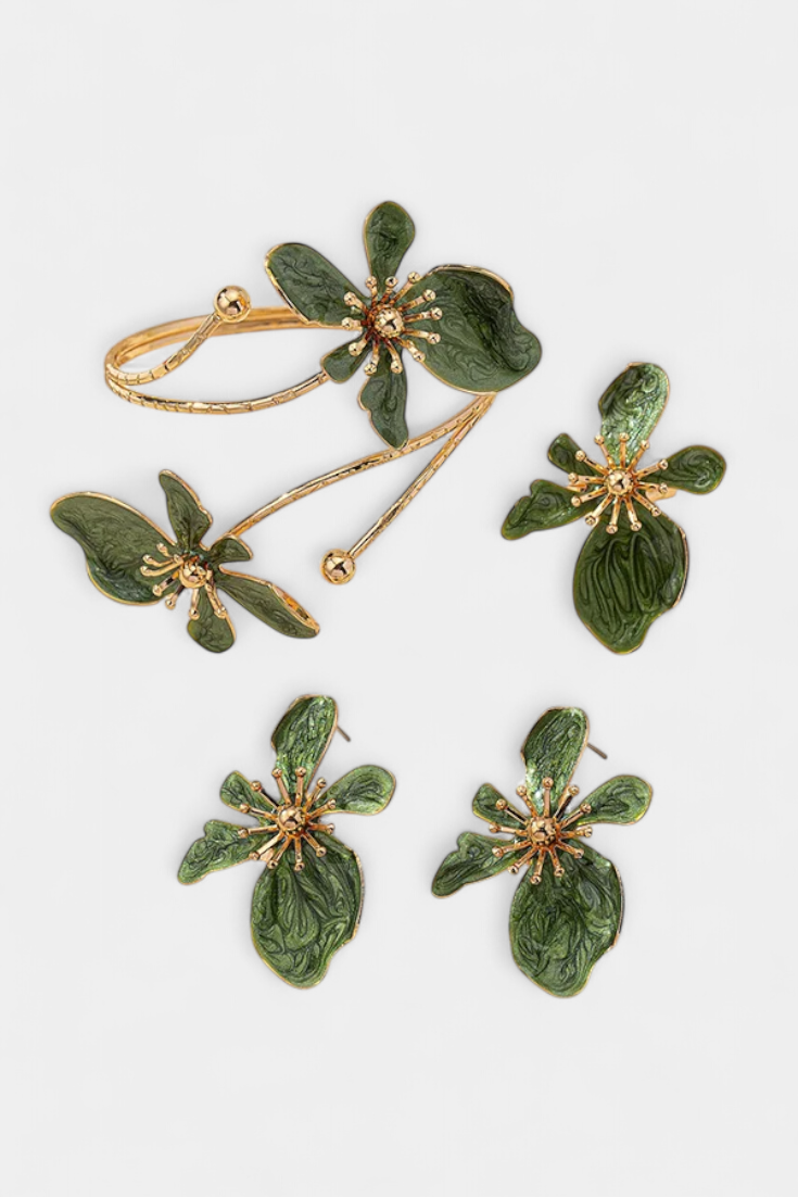 Conjunto de Accesorios Florales: Pulsera + Pendientes + Anillos