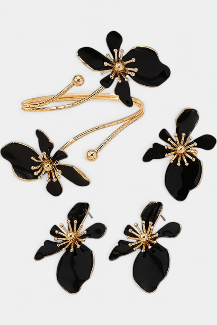 Conjunto de Accesorios Florales: Pulsera + Pendientes + Anillos