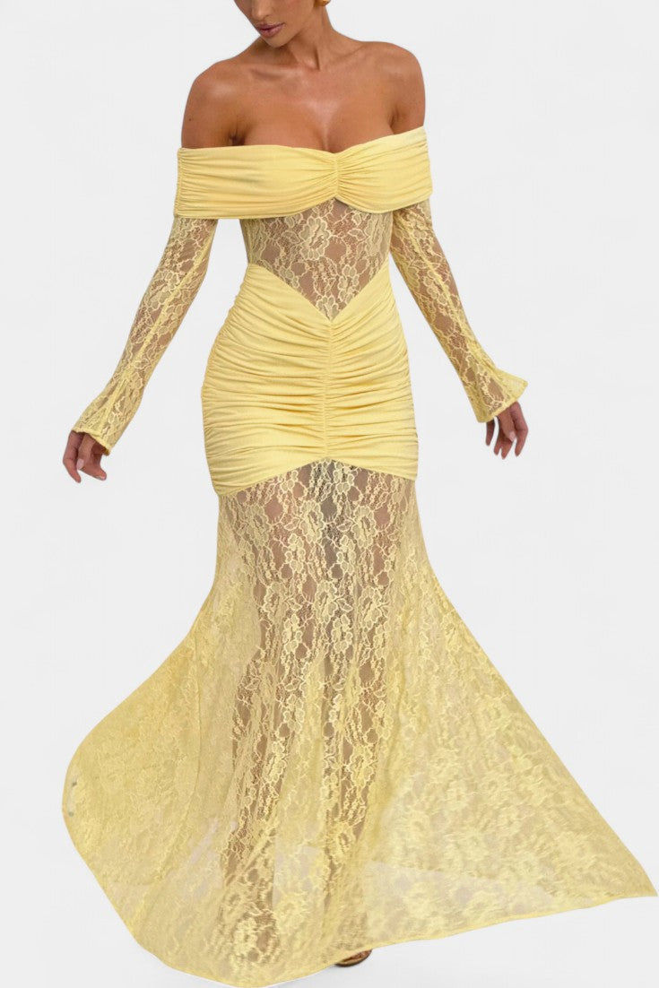 Kamila - Abito Bruma con pizzo, senza spalline e volant