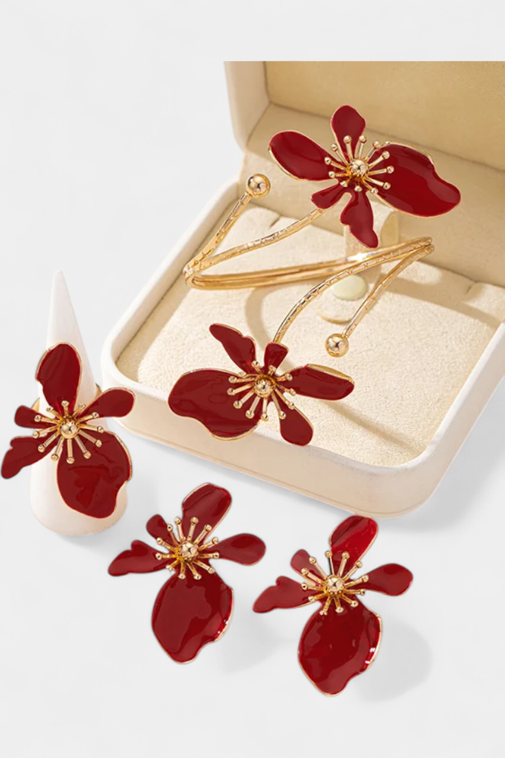 Conjunto de Accesorios Florales: Pulsera + Pendientes + Anillos