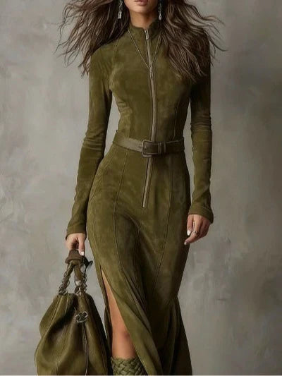 Maria - Vestito lungo in camoscio elegante con spacco e cintura