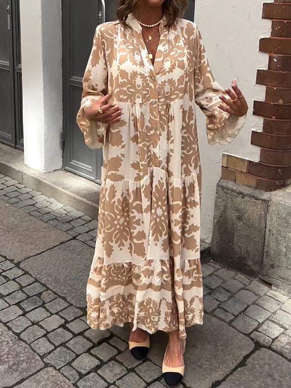 Bianca | Abito lungo boho con stampa barocca e maniche a campana