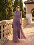 Flavia - Abito lungo viola con scollo a goccia e bordo in pizzo di chiffon