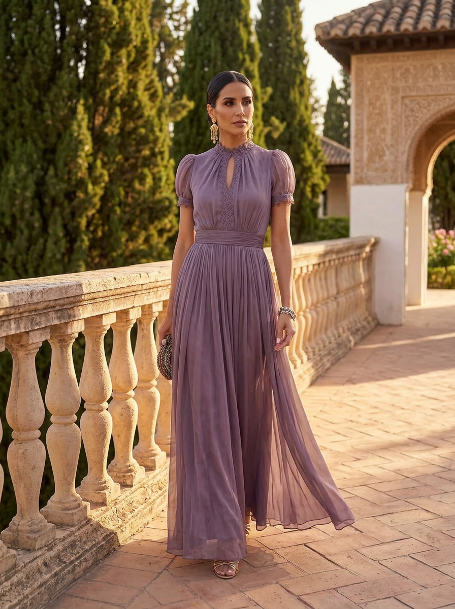 Flavia - Abito lungo viola con scollo a goccia e bordo in pizzo di chiffon