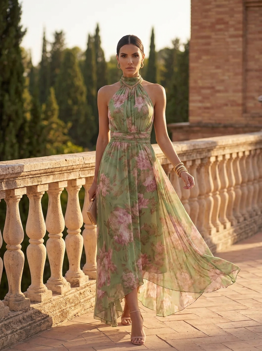 Serena ∙ Abito lungo verde a fiori in chiffon con scollo all'americana