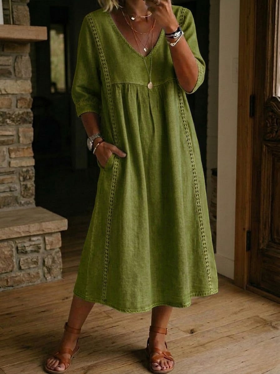 Aurélie | Abito Ampio in Lino e Cotone con Pizzo