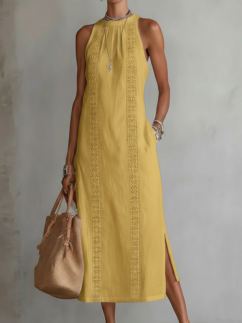 Jimena - Vestito midi in lino con collo alla coreana