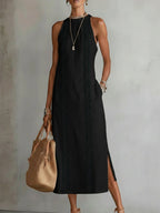 Jimena - Vestito midi in lino con collo alla coreana