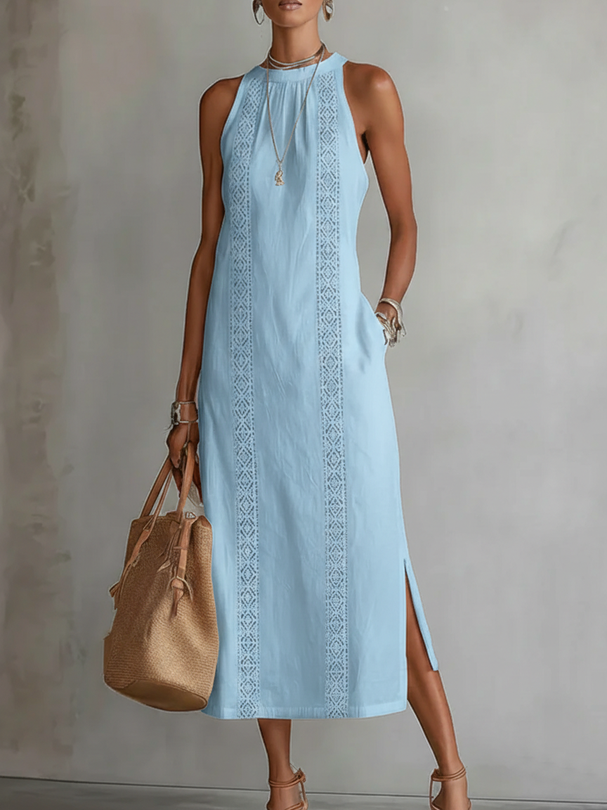 Jimena - Vestito midi in lino con collo alla coreana