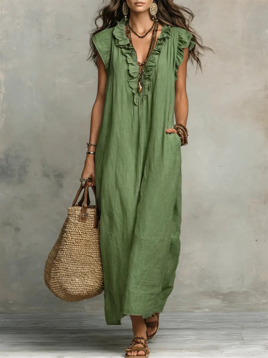 Camelia | Abito Lungo Bohemien In Lino E Cotone