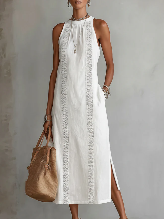 Jimena - Vestito midi in lino con collo alla coreana