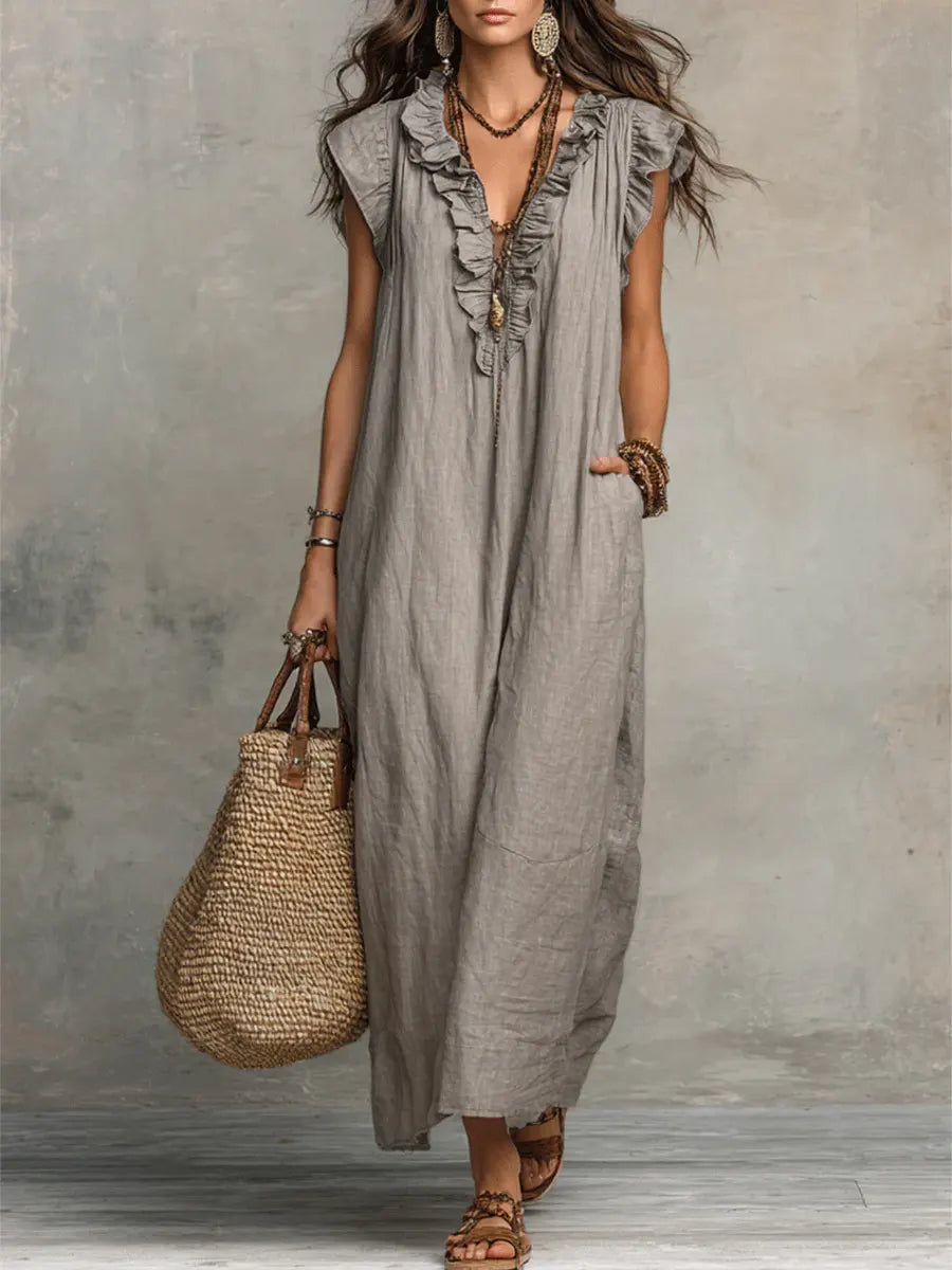 Camelia | Abito Lungo Bohemien In Lino E Cotone