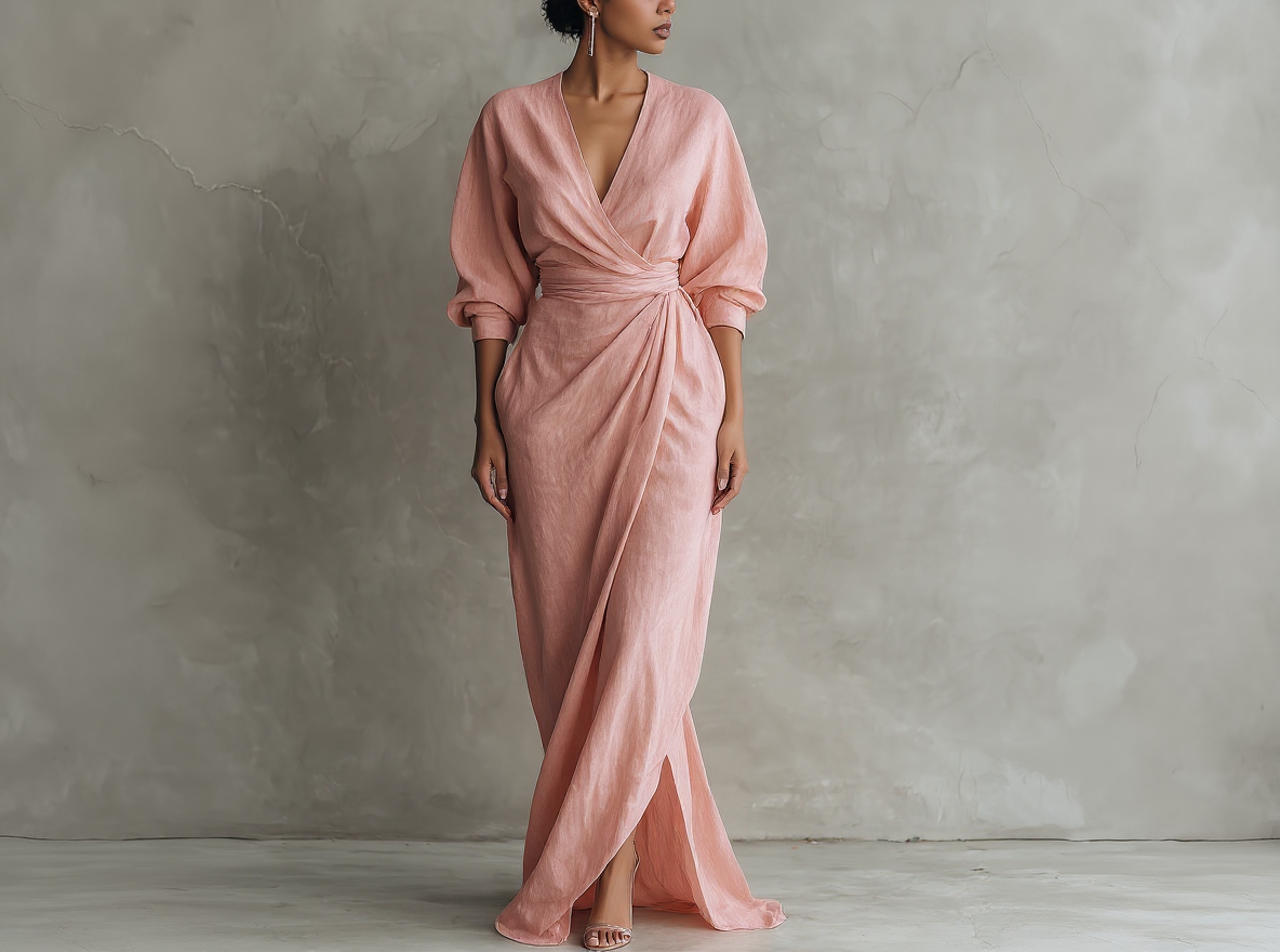 Vestito lungo minimalista rosa con scollo a V in misto lino da donna