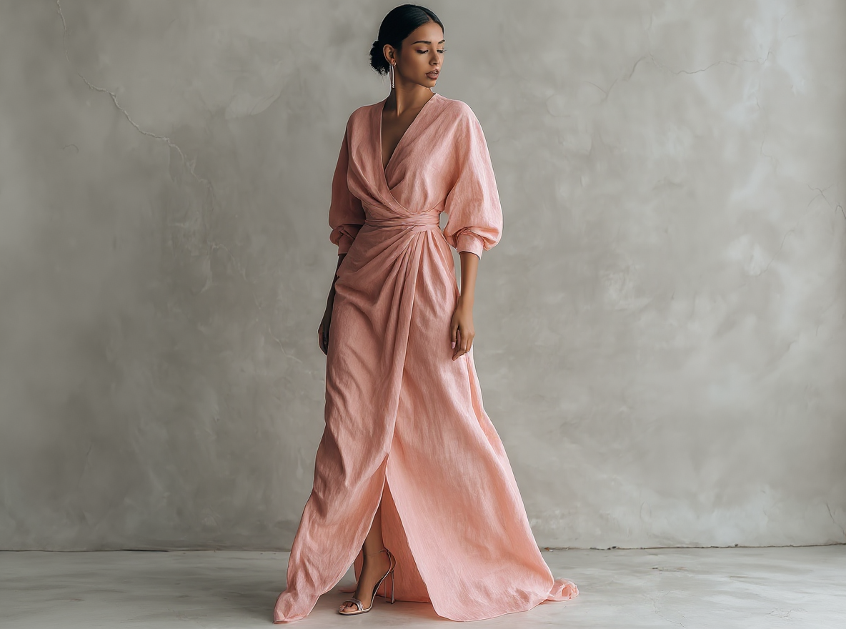 Vestito lungo minimalista rosa con scollo a V in misto lino da donna