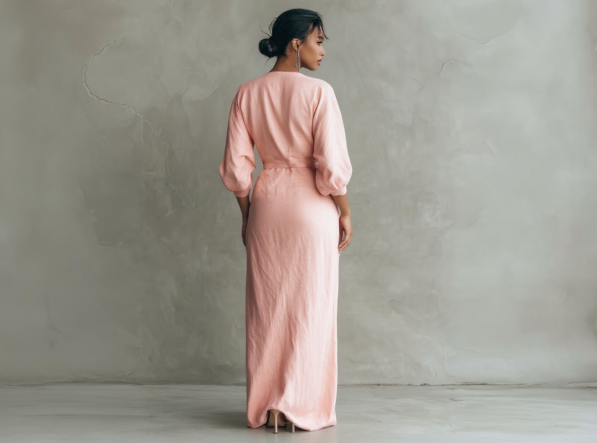 Vestito lungo minimalista rosa con scollo a V in misto lino da donna