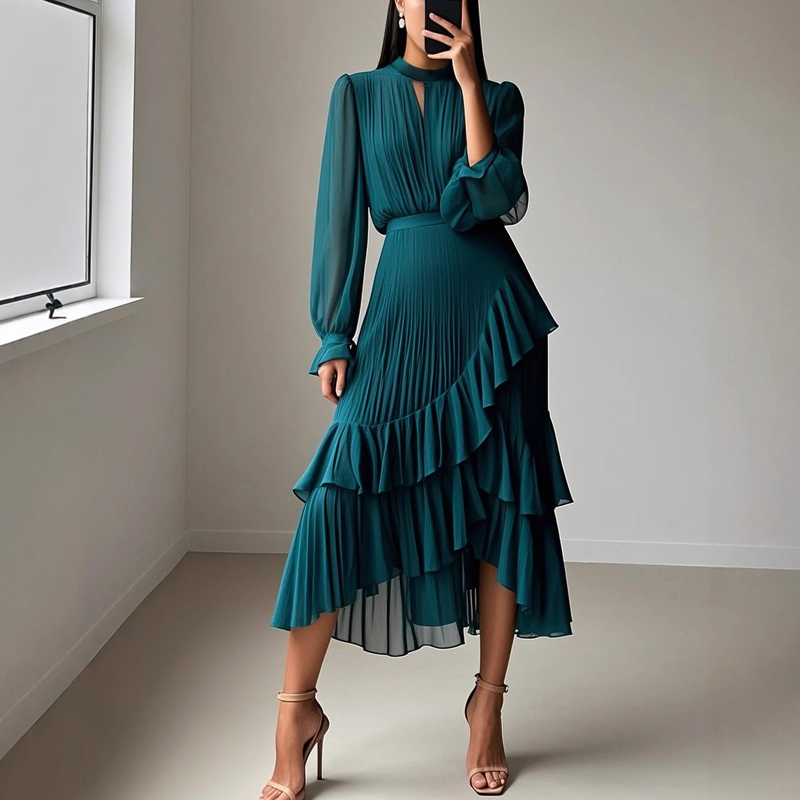 Elegante abito midi plissettato con volant