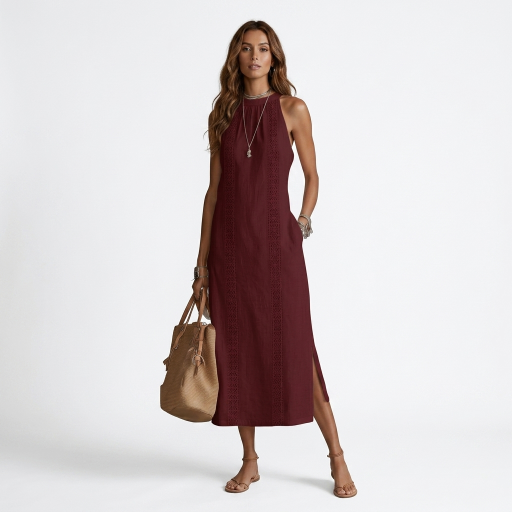 Jimena - Vestito midi in lino con collo alla coreana