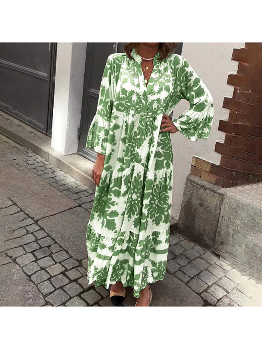 Bianca | Abito lungo boho con stampa barocca e maniche a campana